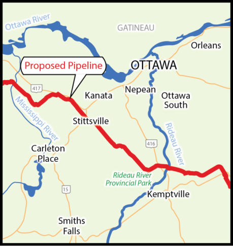 The proposed pipeline route image created for Ecology Ottawa by Kathleen Black. http://ecologyottawa.ca/campaigns/tar-free-613/
