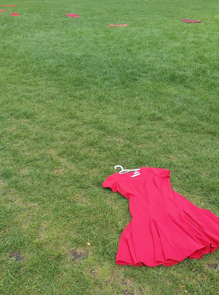 A stretch of green lawn with a prominent red dress on a white hanger placed lying down on the lawn in the foreground; in the background there are another 6 red dresses scattered across the grass.