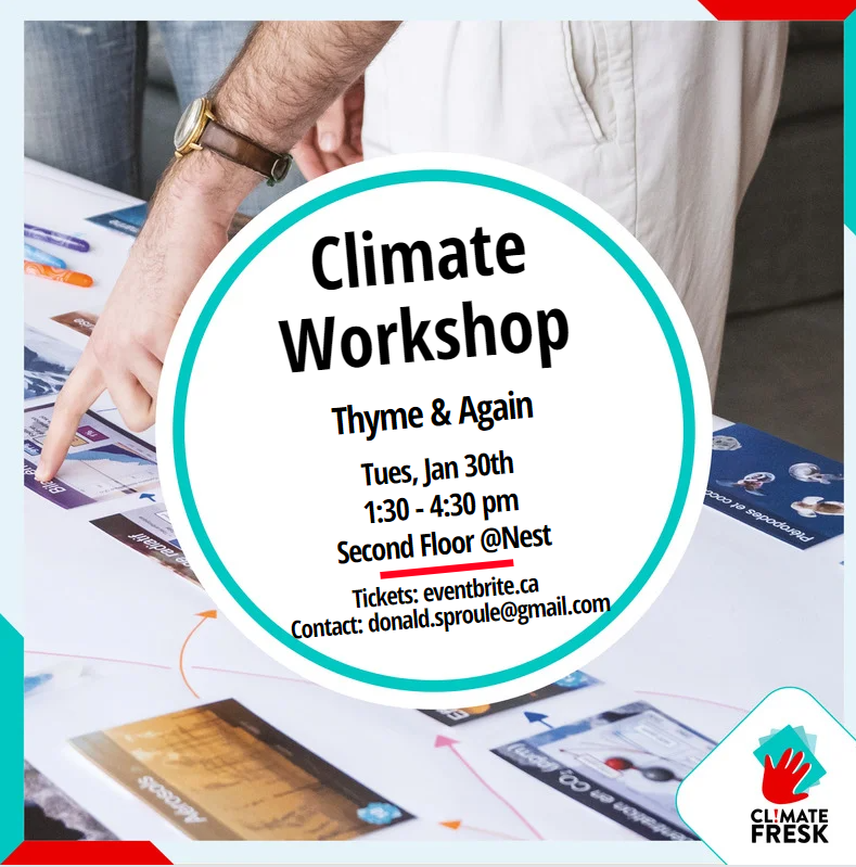 Background image of a tabletop covered in white paper with a series of postcard-type cards placed on top. The cards have environment-related words and images that are slightly out of focus. Two people are standing beside the table, one pointing to a card. A large white circle bordered in teal in the centre of the image reads: "Climate Workshop, Thyme & Again, Tues, Jan 30th, 1:30-4:30 pm, Second Floor @Nest, Tickets: eventbrite.ca, Contact: donald.sproule@gmail.com". Another small image on the bottom right contains a red hand icon on teal cards, and reads: "Climate Fresk" with an exclamation mark replacing the i in climate.
