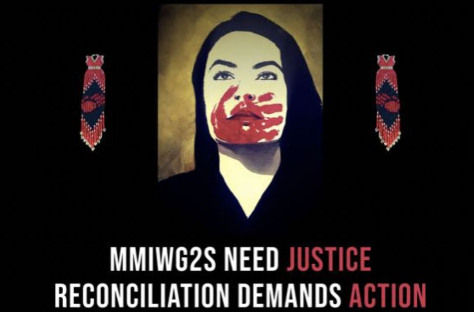 Image of an Indigenous woman (her head and shoulders); she is looking up, and her mouth is covered with red-handprint-shaped paint. Image appears on a black background, between two small red beaded dress images. Text in white and red below the image reads "MMIWG2S need justice; reconciliation demands action"